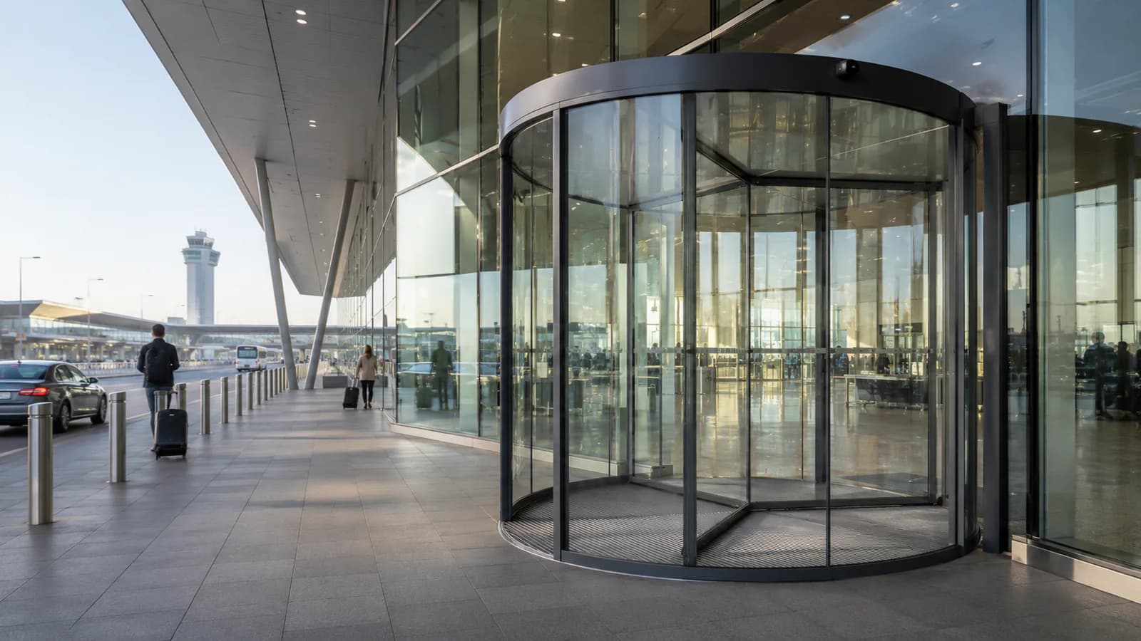 Automatic revolving glass door at an airport terminal entrance