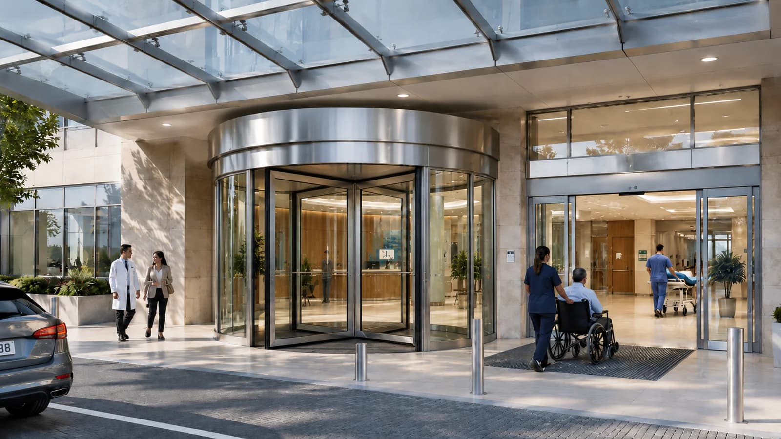 Automatic revolving glass door at a hospital main entrance