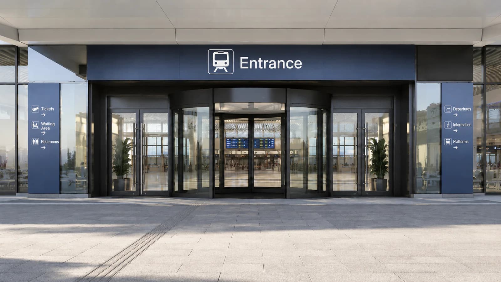 Automatic revolving glass door at a railway station entrance