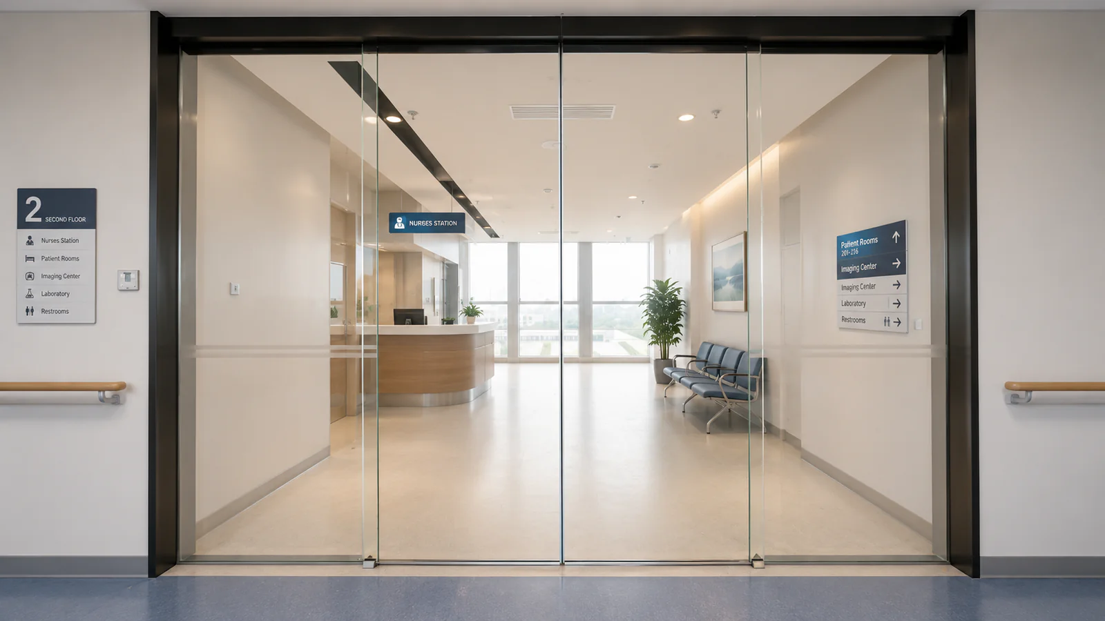 Automatic sliding glass door in an internal hospital corridor