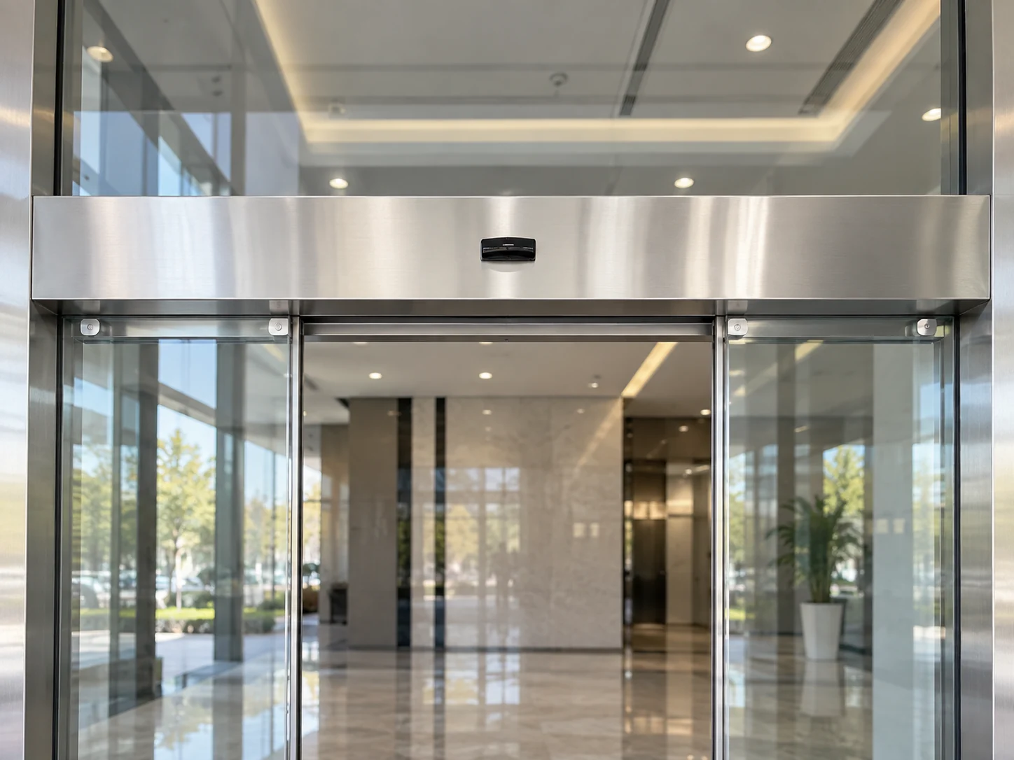 Black sensor mounted centrally on a metal header above sliding glass door leaves