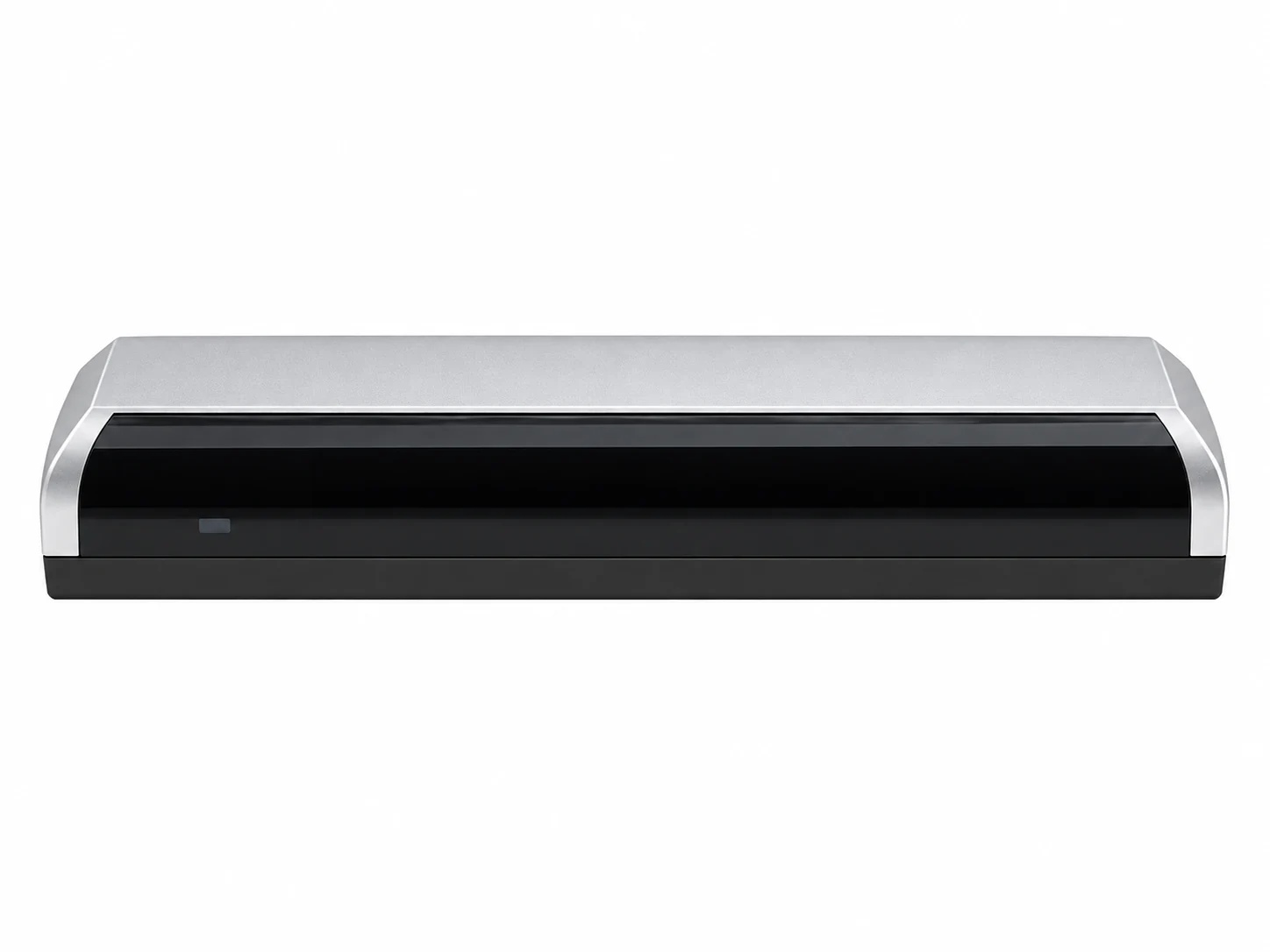 Elongated silver sensor housing with a dark front window