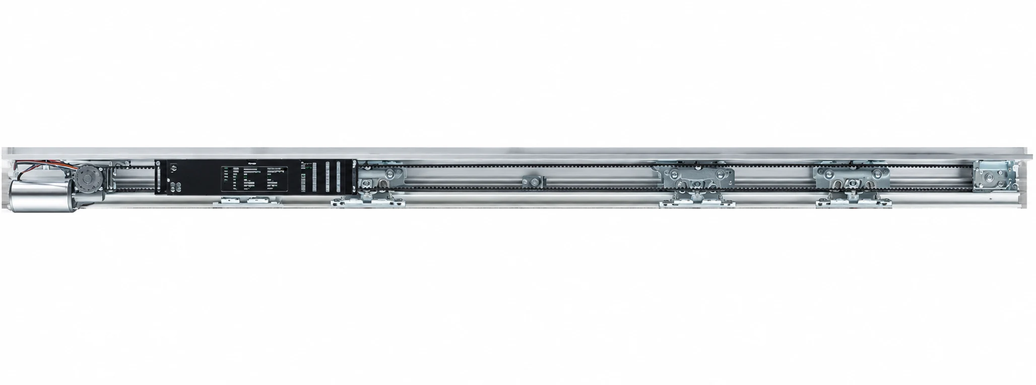 Open sliding door operator assembly with drive, controller, belt and hanger hardware
