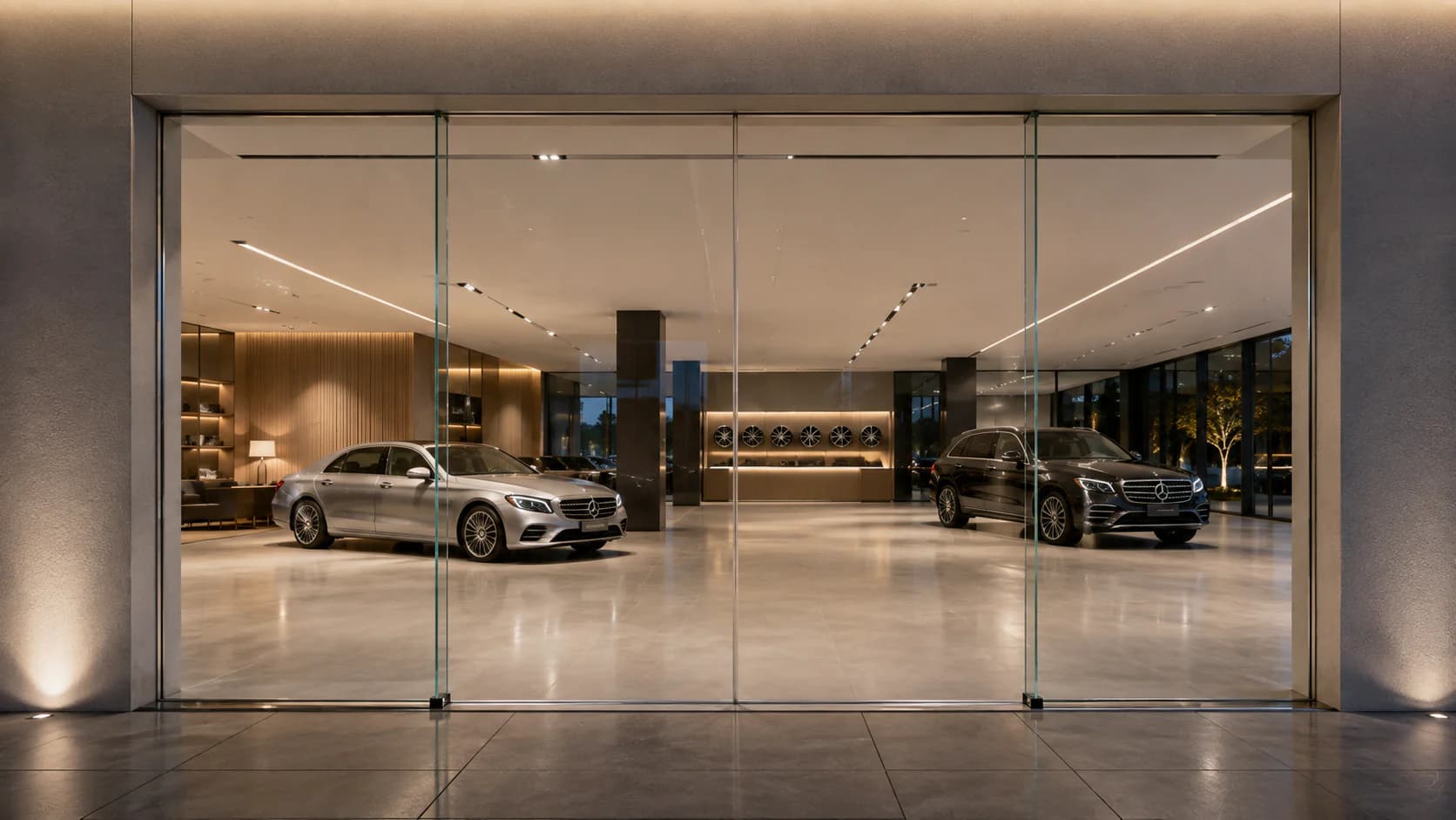All-glass automatic sliding entrance across an automobile showroom