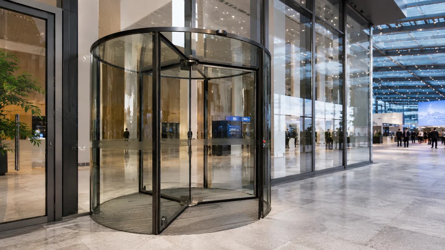 Automatic revolving door at a convention and exhibition center entrance