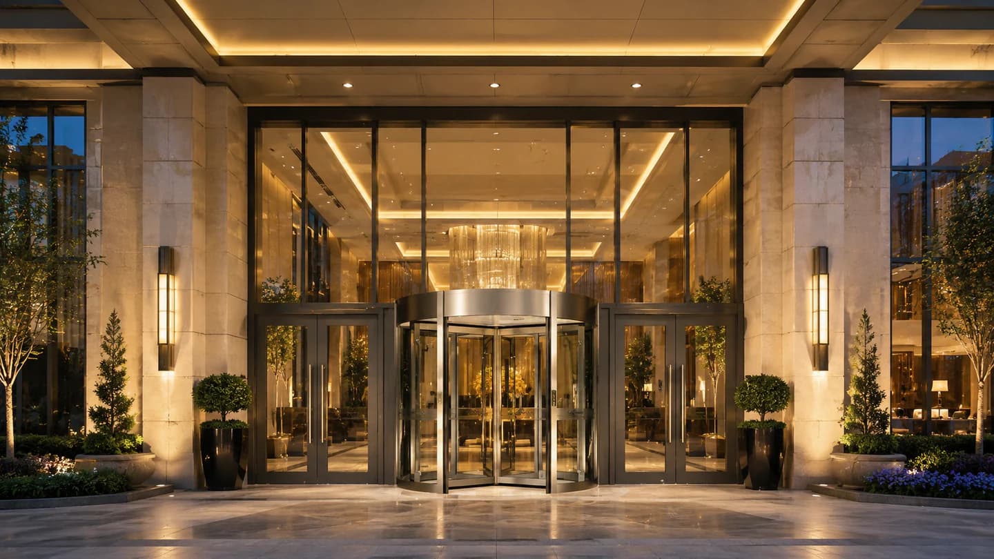 Automatic revolving door at a luxury hotel lobby entrance