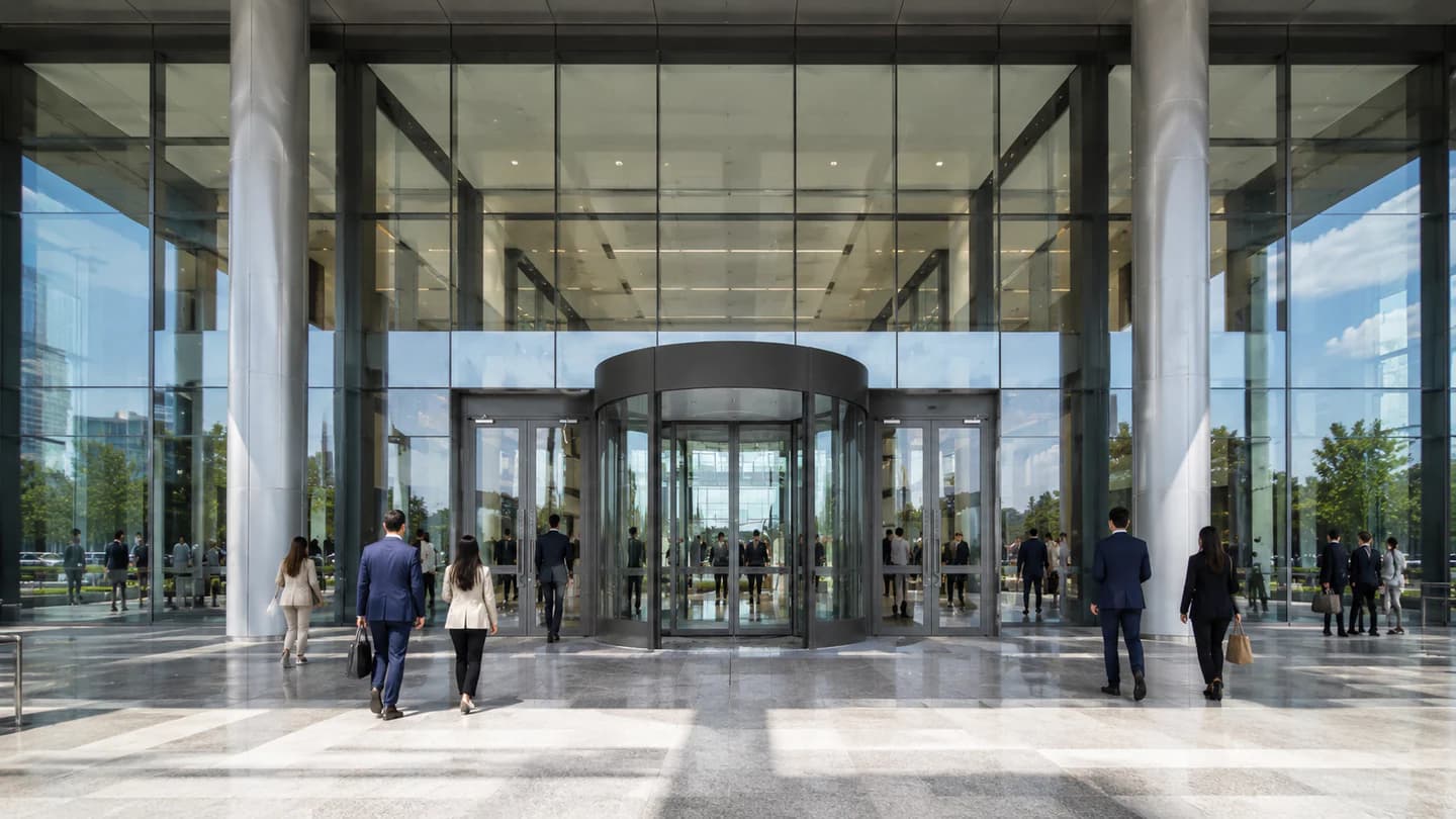Automatic revolving door at an office building entrance