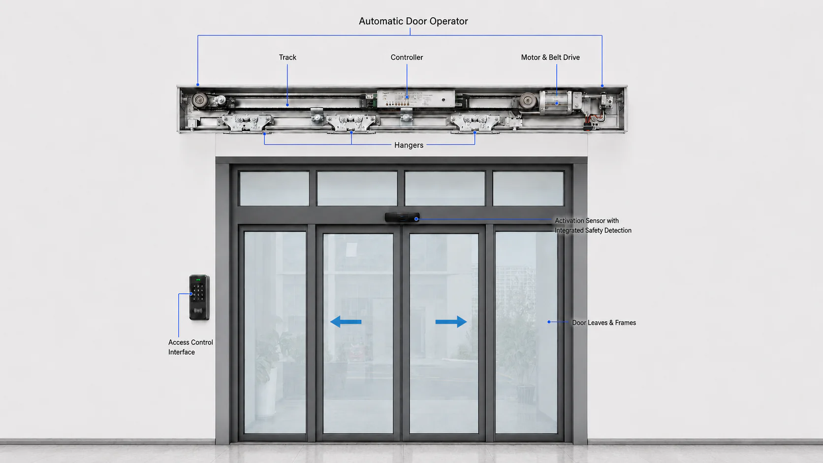Annotated automatic sliding door system with labeled operator, track, controller, motor and belt drive, hangers, activation sensor, access control interface, and door leaves and frames