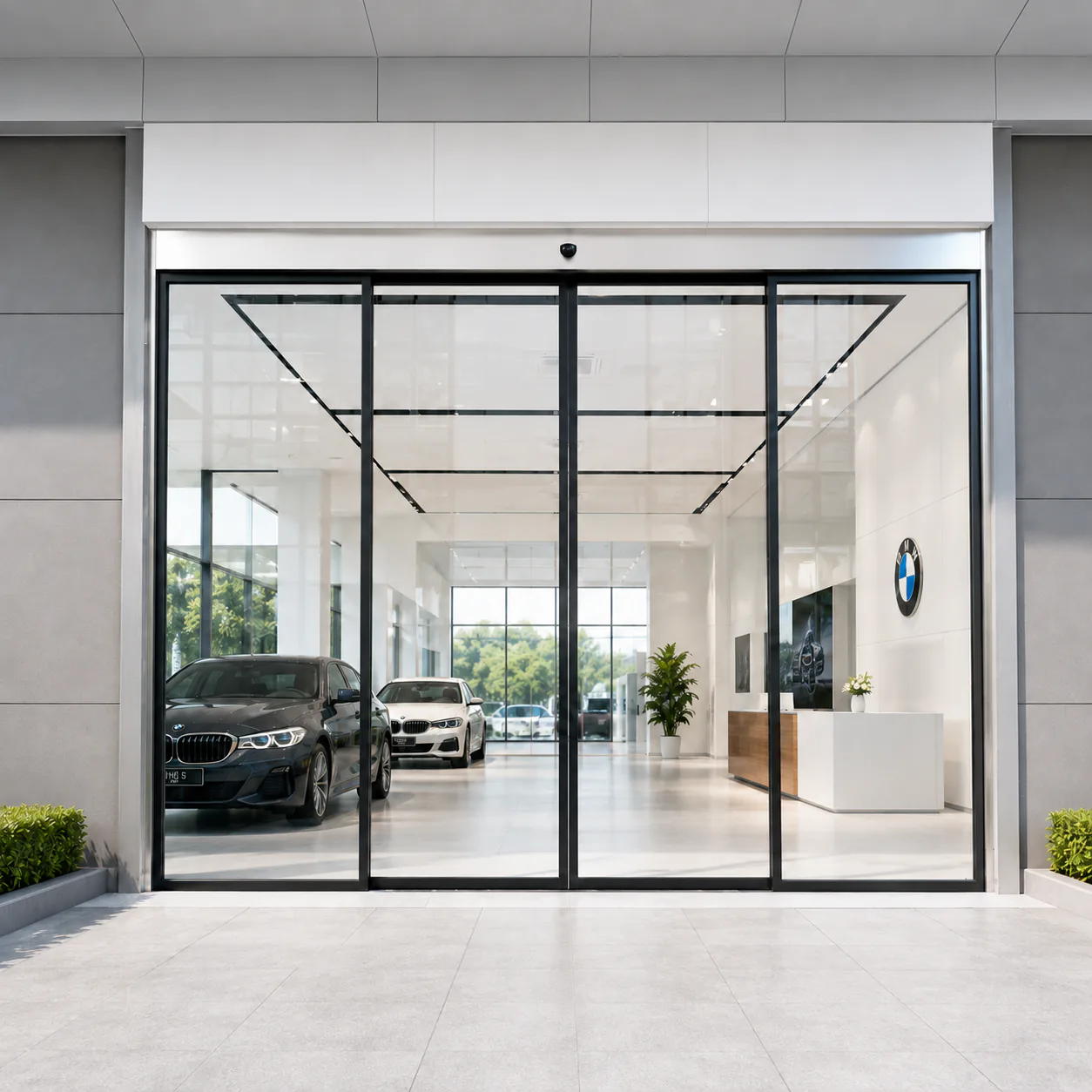Automatic sliding glass door at a modern vehicle showroom entrance
