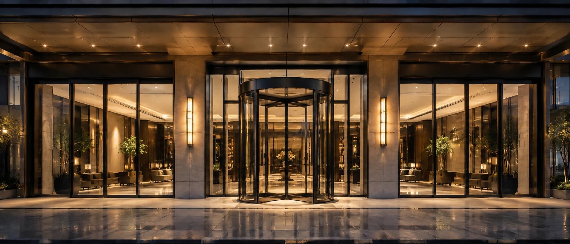 Automatic revolving and sliding glass doors at a hotel arrival entrance