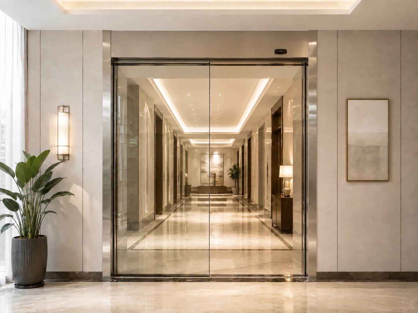 Automatic sliding glass doors for an interior hotel corridor