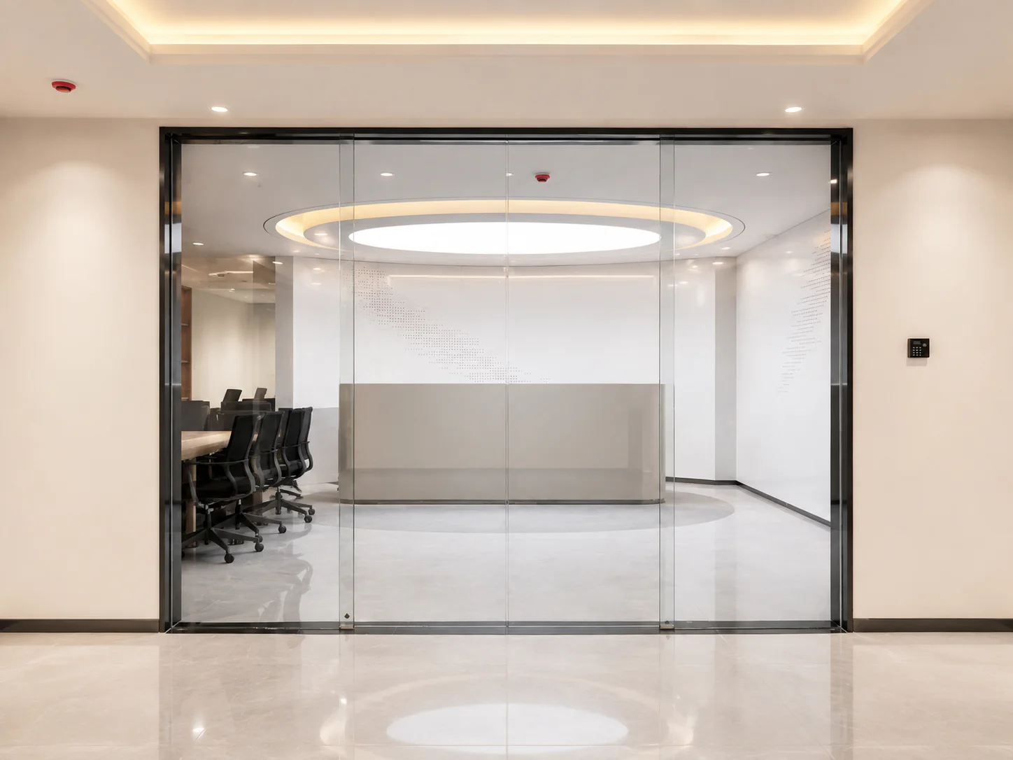 Access-controlled automatic sliding glass door inside an office building