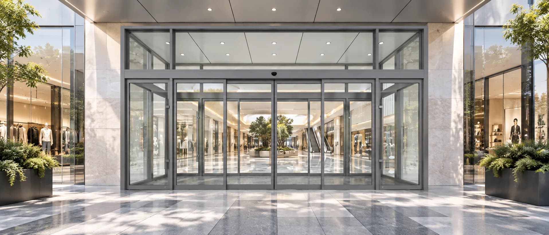 Automatic sliding glass entrance beneath a canopy at a shopping mall