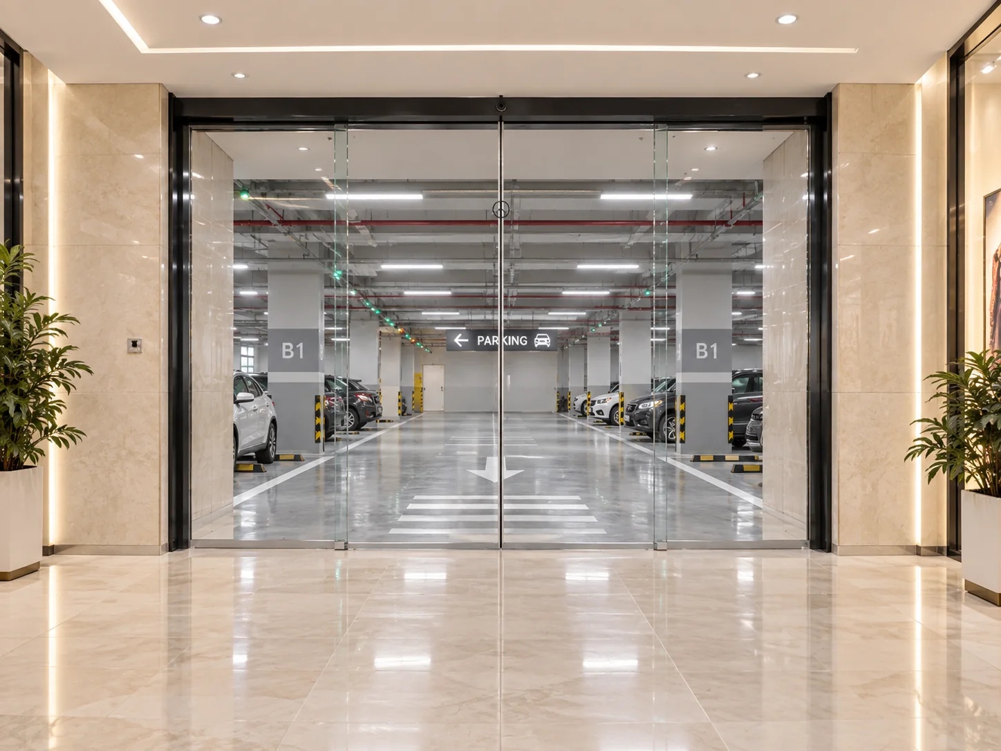 View from the mall through a glass sliding entrance toward the parking area