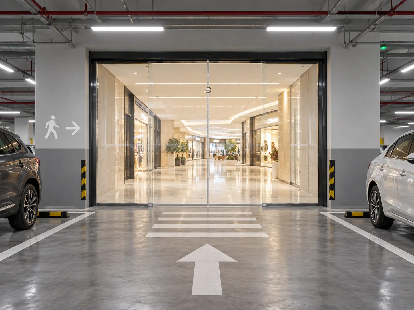 View from the parking area toward the mall through a glass sliding entrance