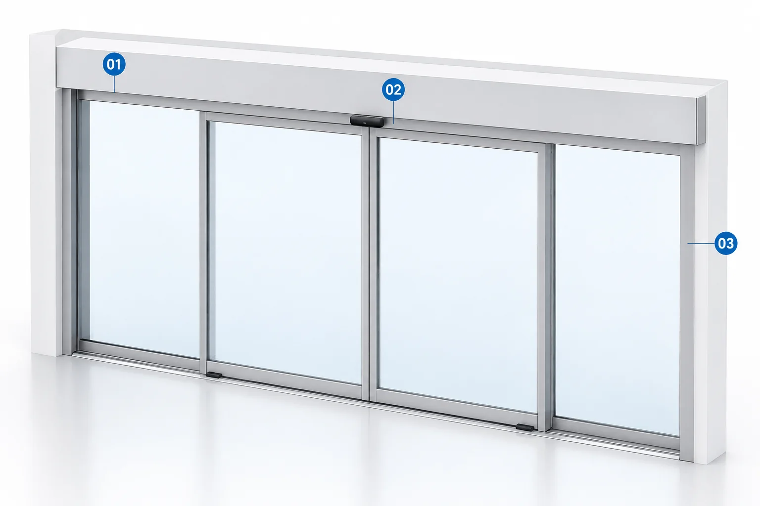 Concept illustration of a sliding entrance with numbered header, sensing and side-access callouts