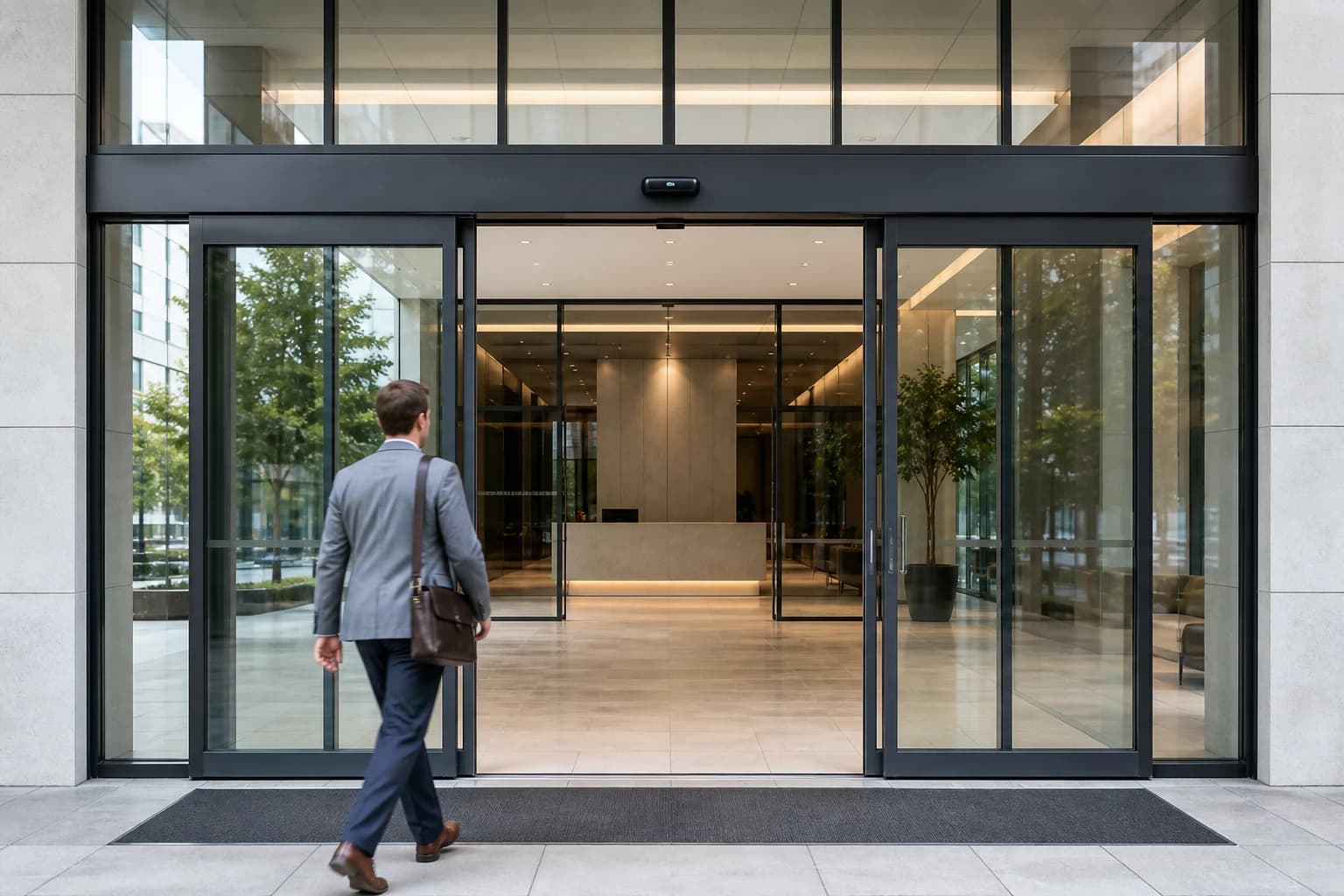 Overhead automatic door sensor above a fully visible commercial sliding glass entrance