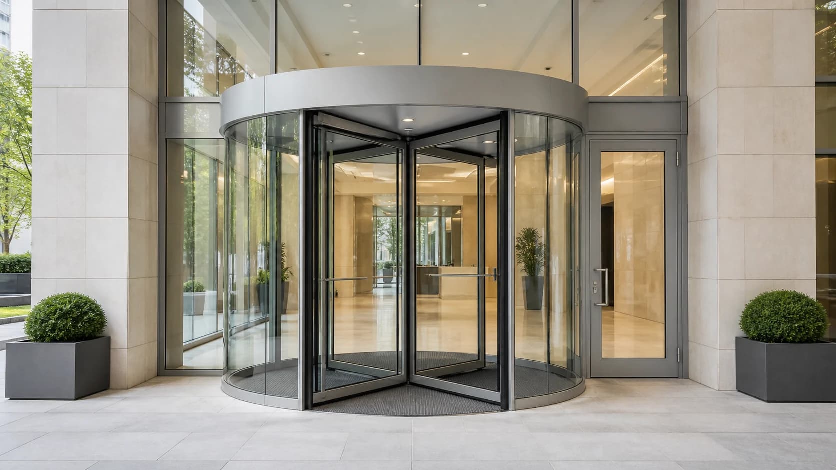 Complete automatic revolving glass entrance with an adjacent accessible door at a commercial lobby