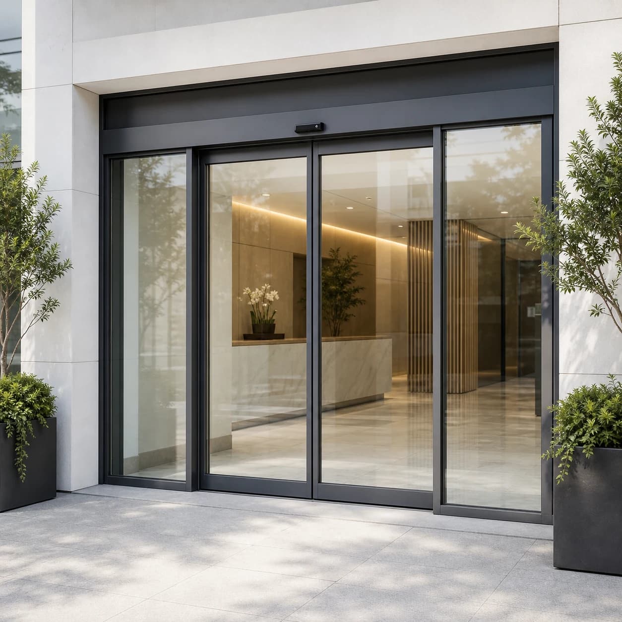 Automatic bi-parting sliding glass entrance at a commercial building