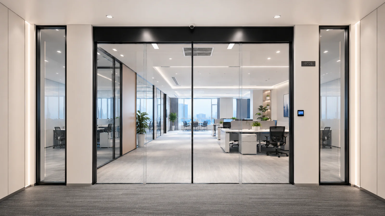 Automatic sliding glass door at an office interior access point
