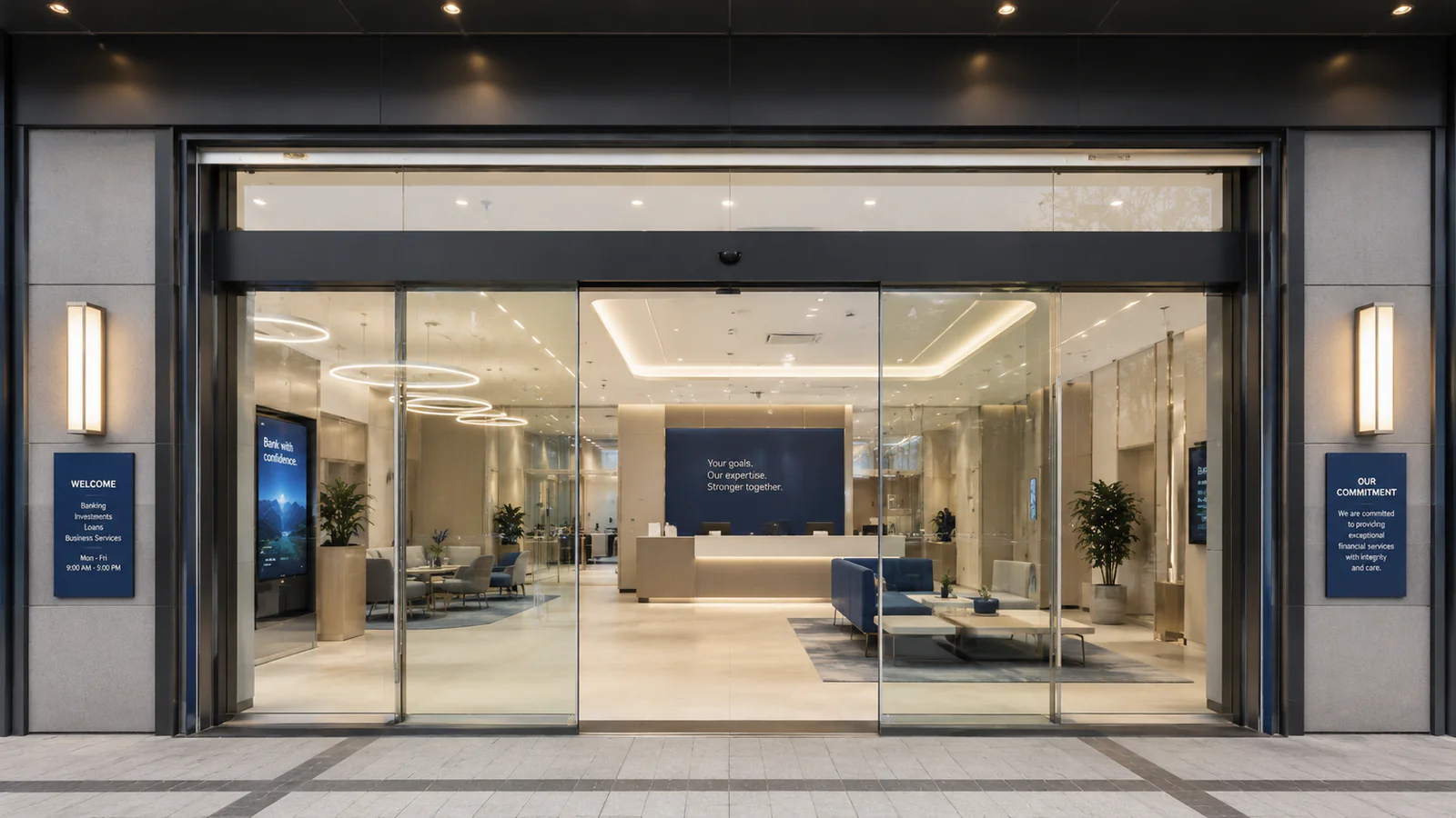 Automatic sliding glass door at a bank lobby entrance