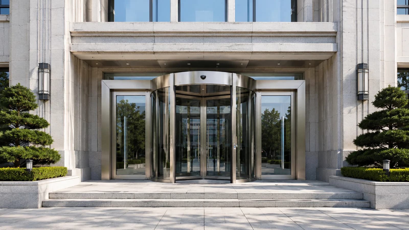 Automatic revolving glass door at a government building entrance