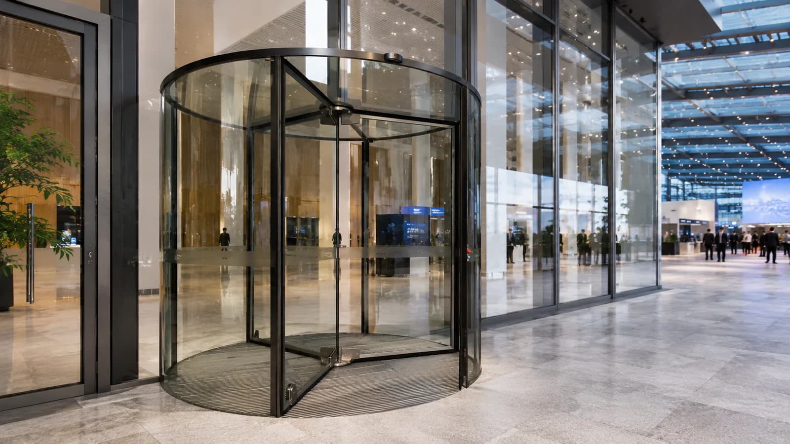 Automatic revolving glass door at a convention and exhibition center