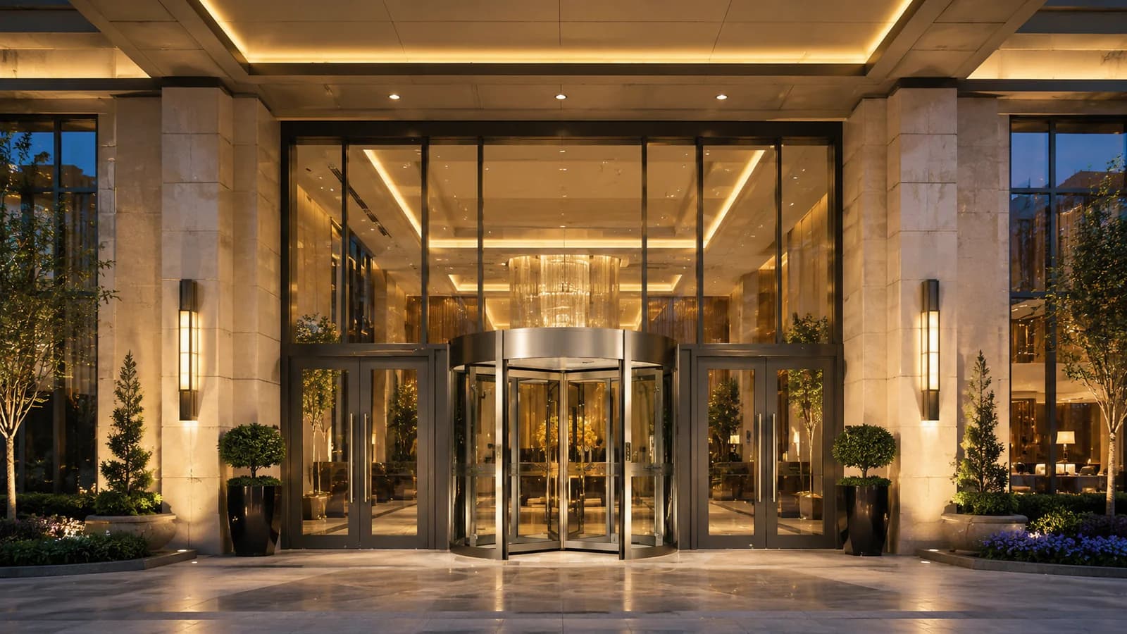 Automatic revolving glass door at a luxury hotel lobby entrance