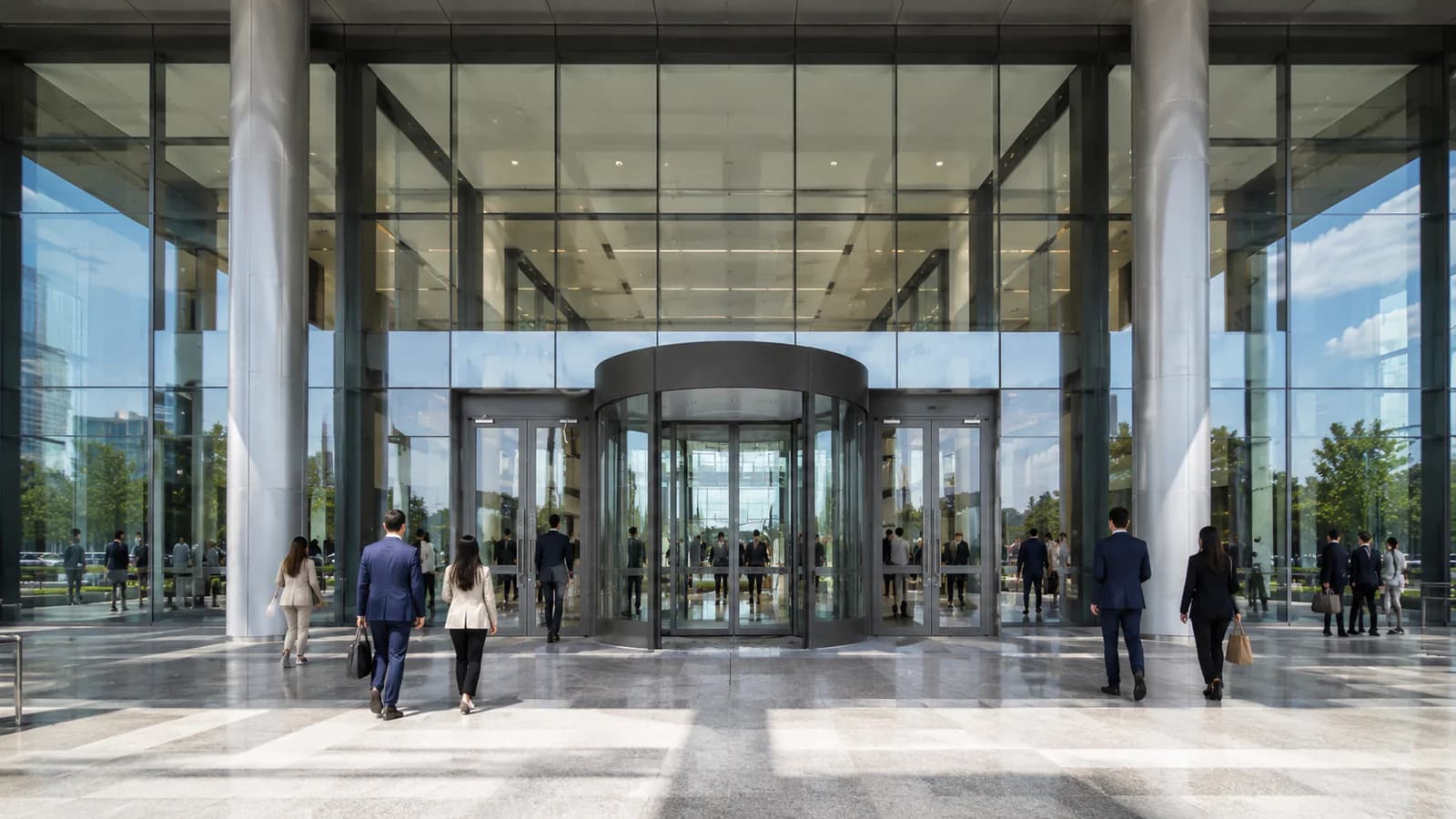 Automatic revolving glass door at an office building entrance