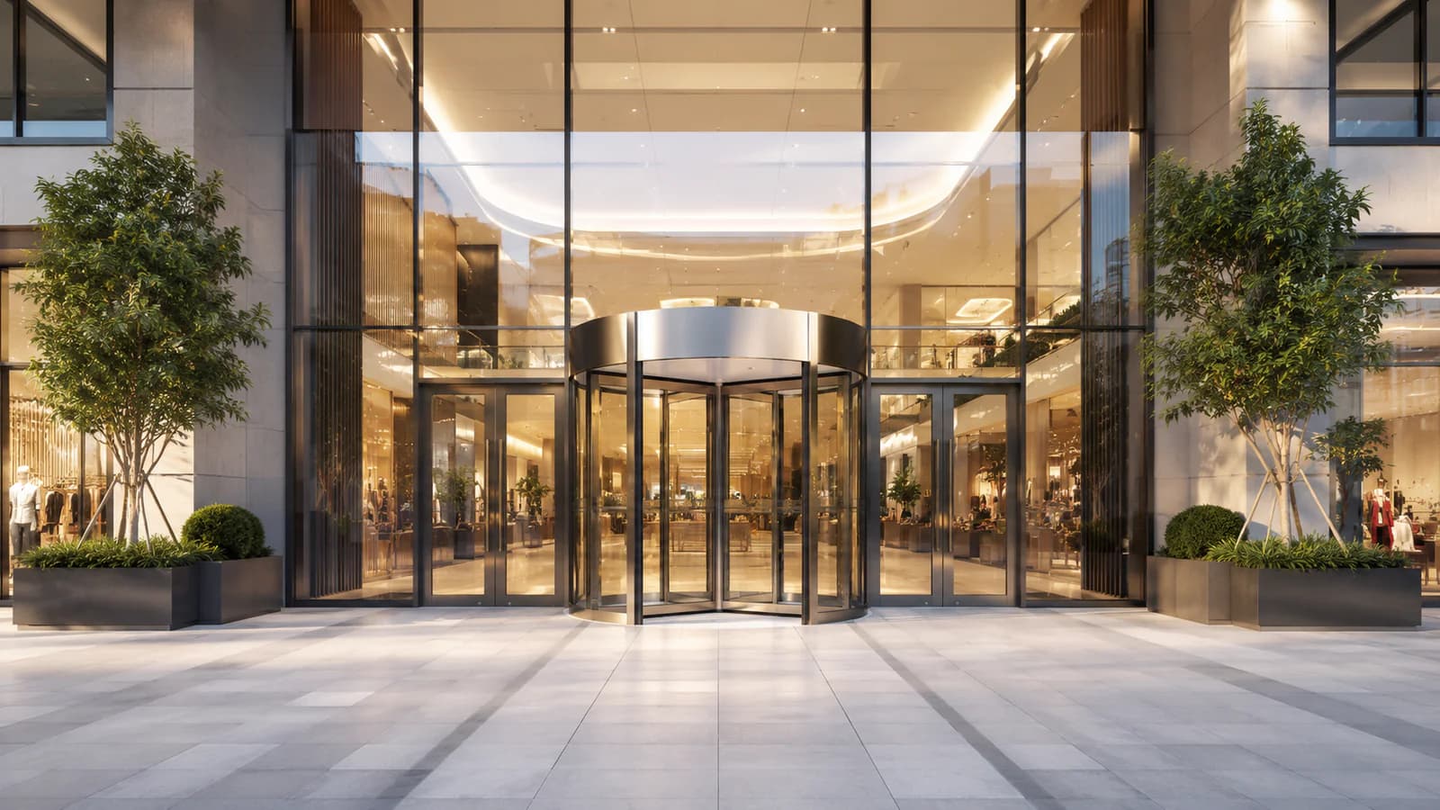 Automatic revolving glass door at a shopping mall main entrance
