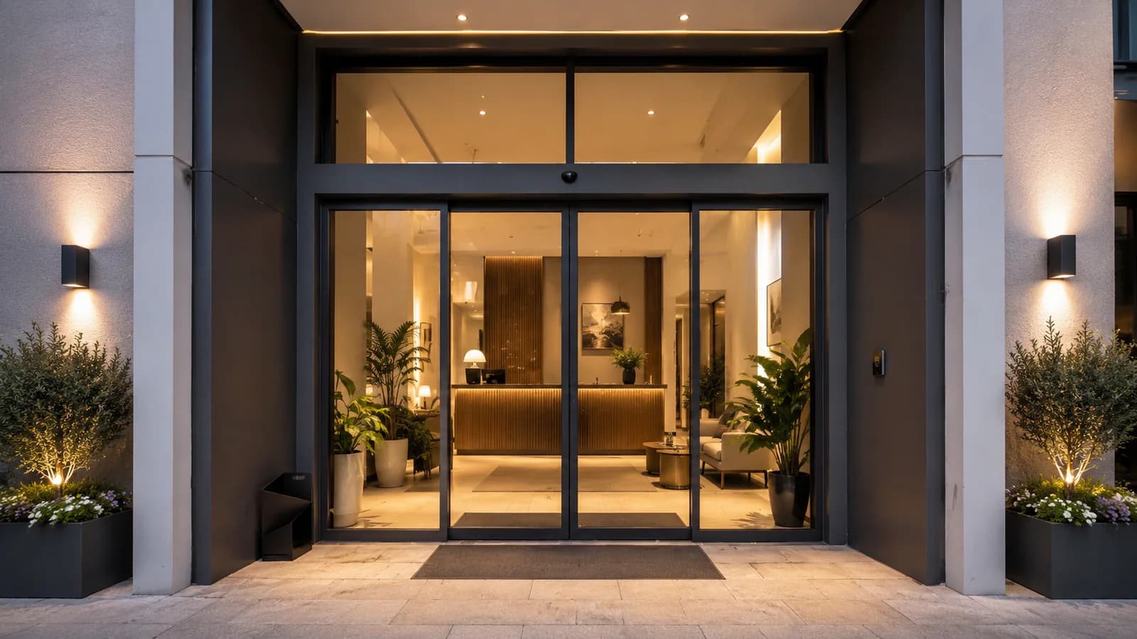 Automatic sliding glass door at a small hotel entrance