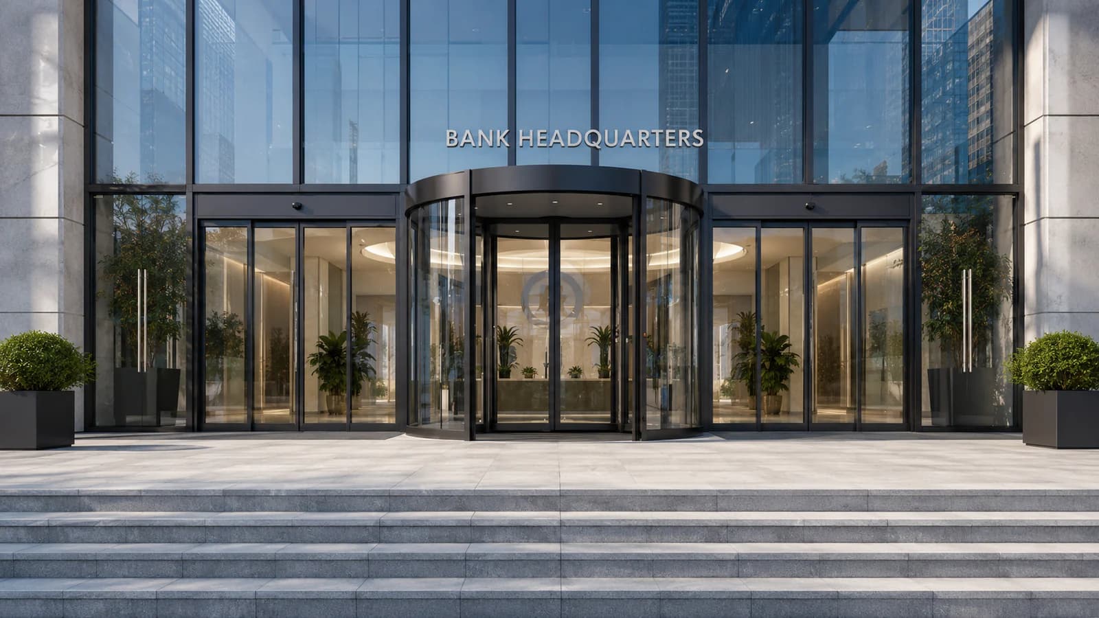 Automatic revolving glass door at a bank headquarters entrance