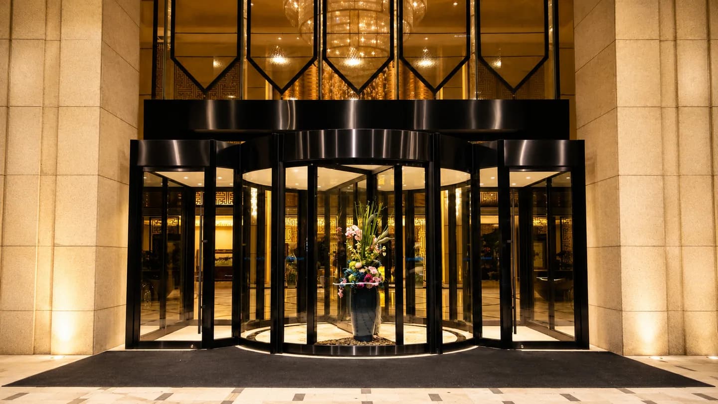 Automatic revolving door at a modern hotel entrance