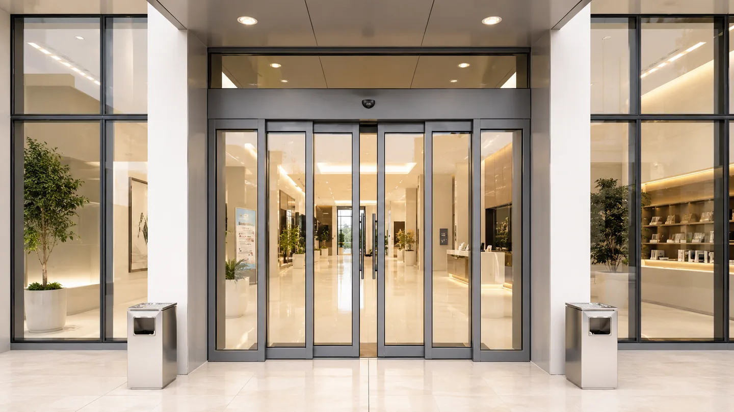 Automatic entrance doors for a public building entrance