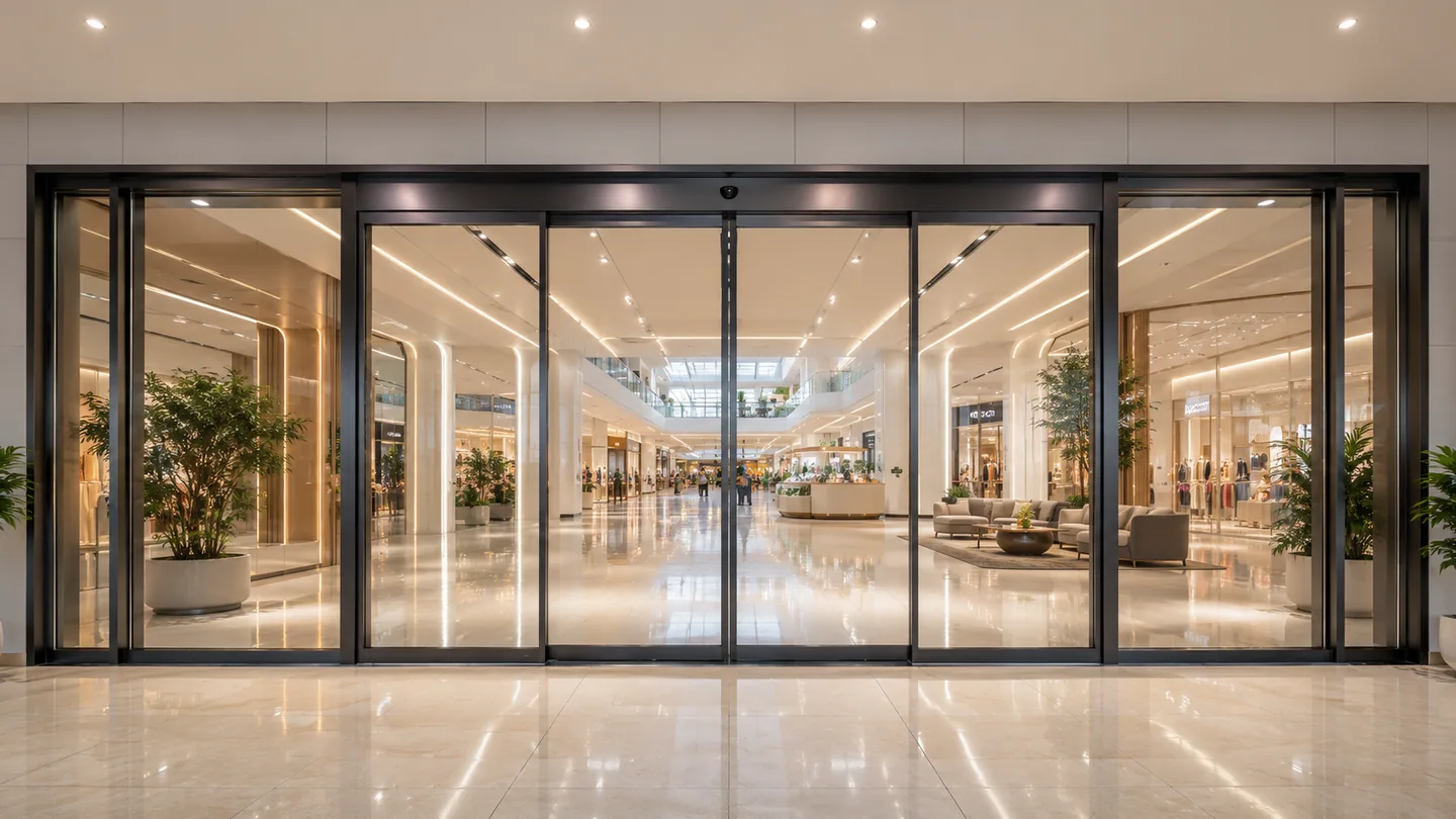 Commercial automatic sliding doors at a shopping mall entrance