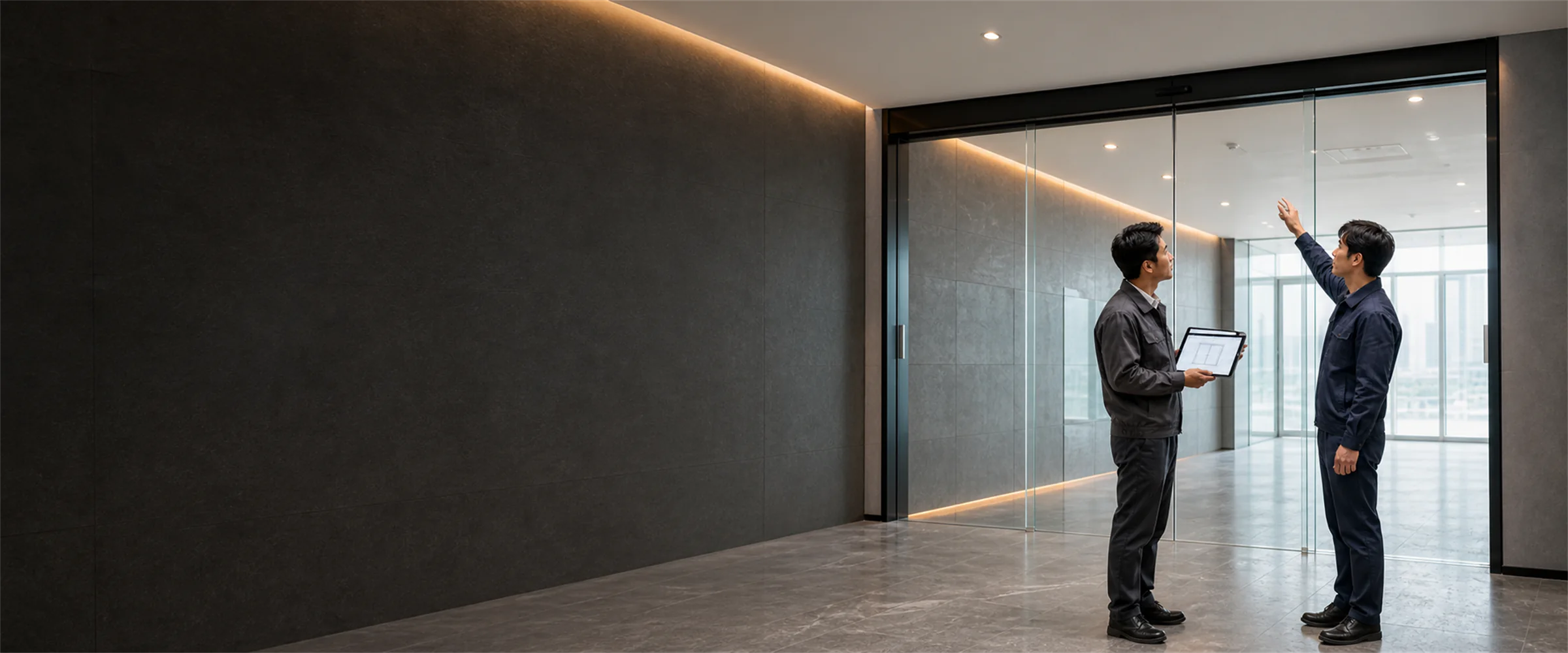 Technical project discussion beside an automatic sliding glass entrance