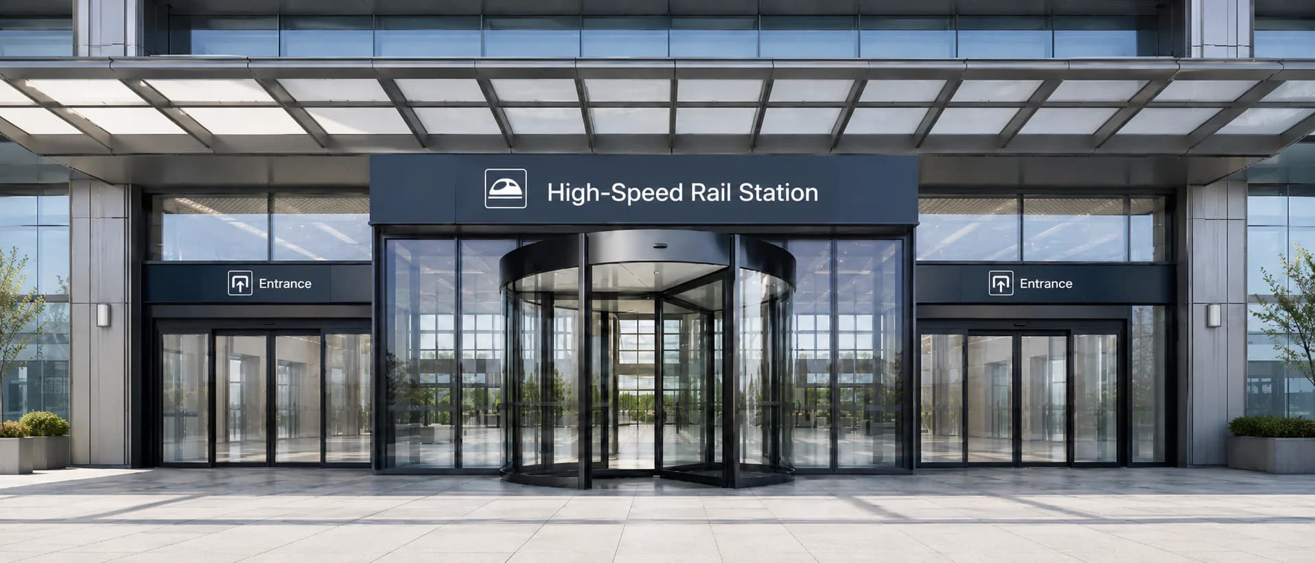Commercial entrance combining automatic sliding and revolving door systems