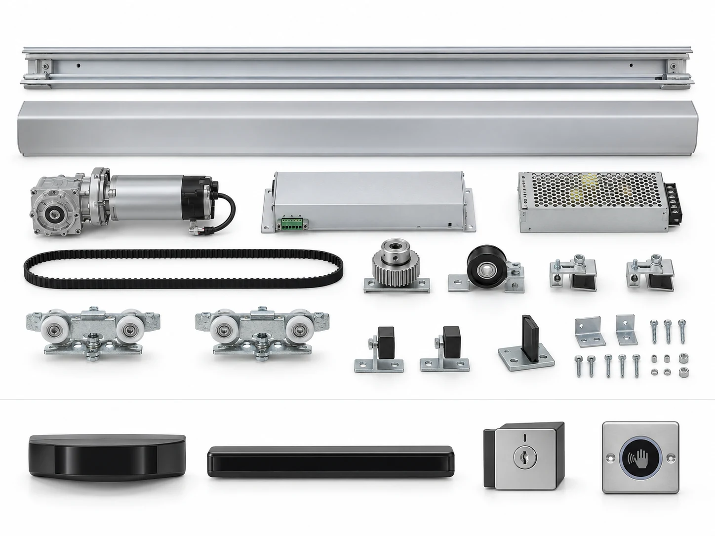 Sliding door system component illustration showing rail, cover, drive, control units, belt, hangers, hardware and sensing accessories