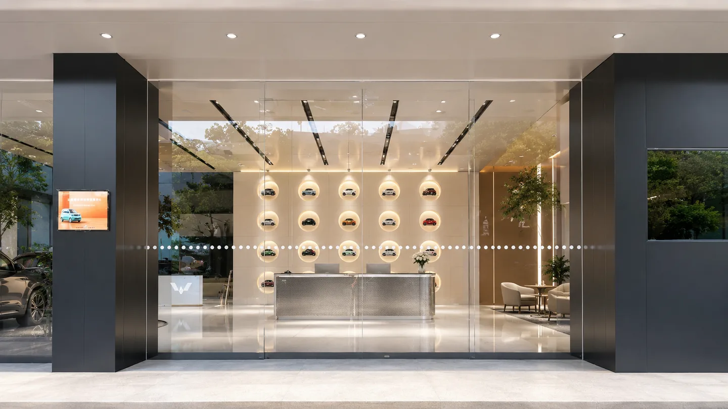 All-glass automatic sliding doors at a transparent showroom entrance