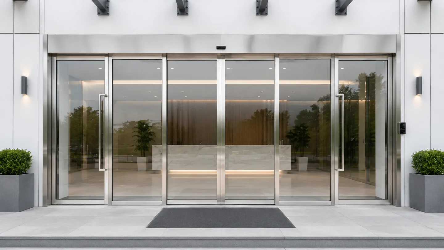 Aluminum-framed automatic sliding doors at a commercial lobby