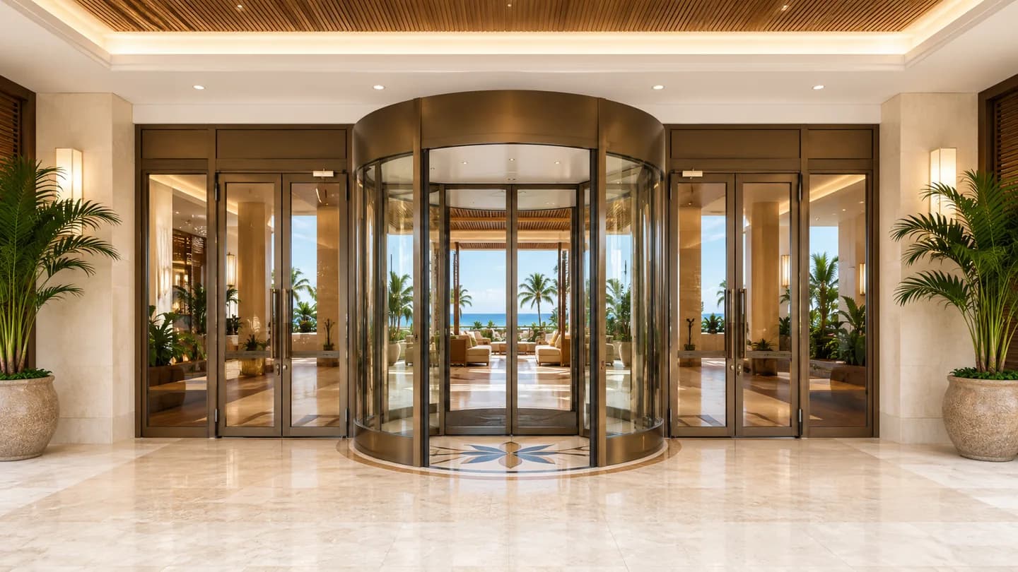 Automatic revolving door at a hotel entrance