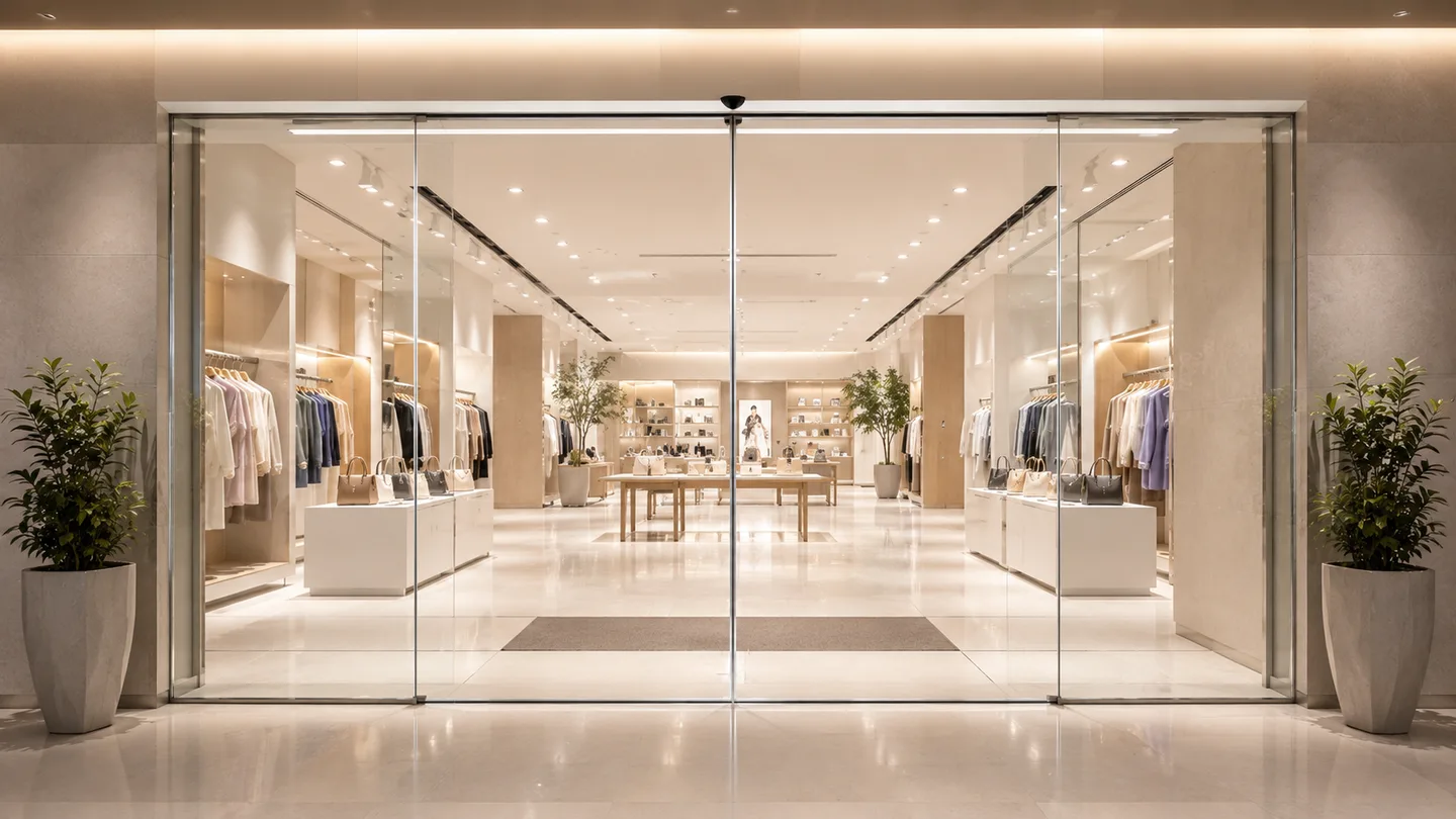 All-glass automatic sliding door at a retail storefront