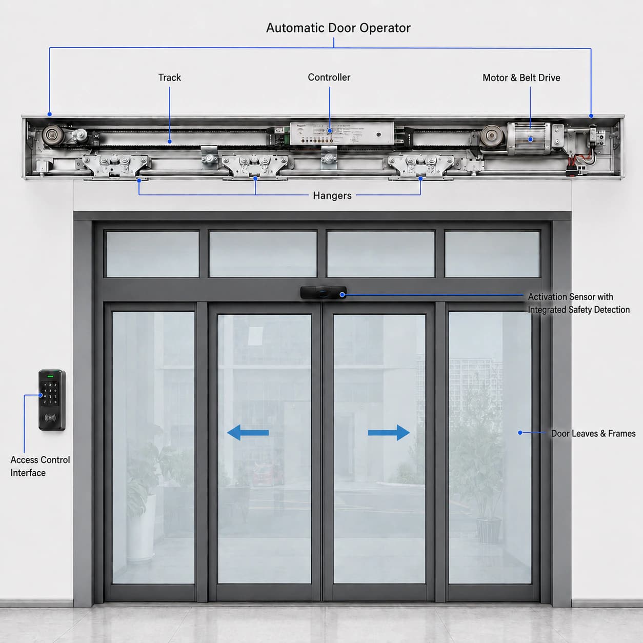 Annotated 1:1 automatic sliding door system with labeled operator, track, controller, motor and belt drive, hangers, activation sensor, access control interface, and door leaves and frames
