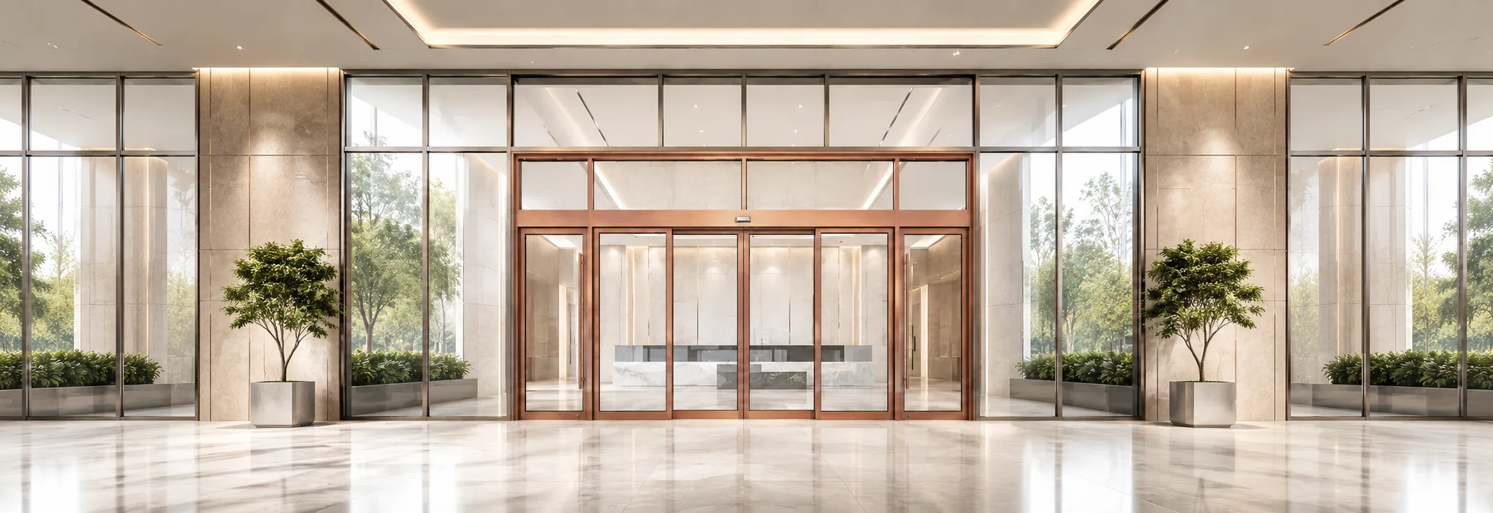 Automatic sliding doors across a full-width modern commercial entrance