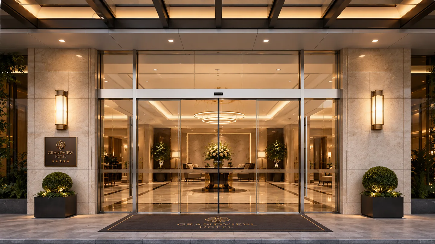 Bi-parting automatic sliding glass door at a hotel entrance