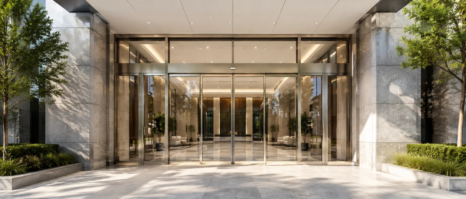Automatic sliding glass doors at a modern commercial entrance