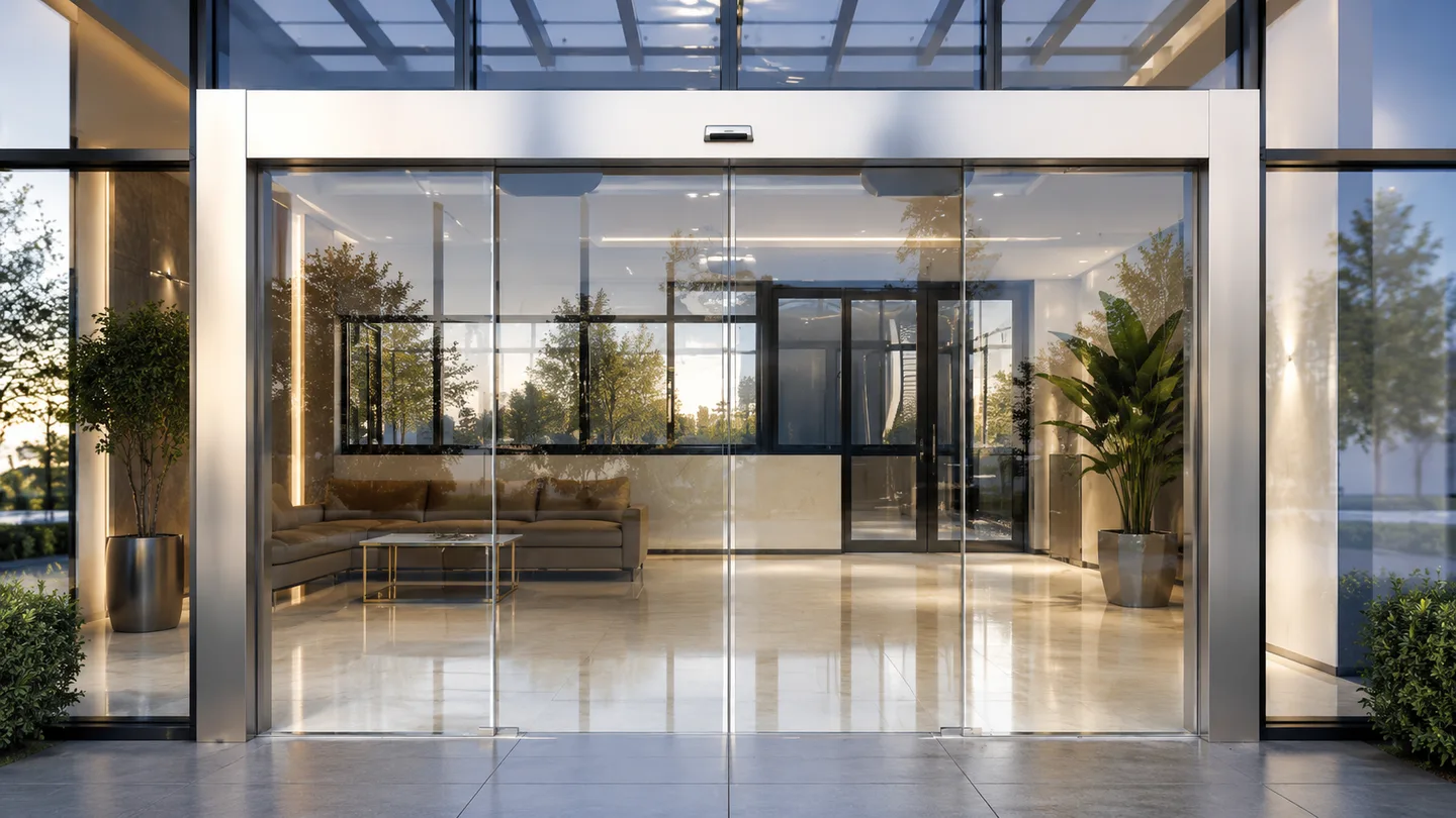 Automatic sliding glass door at a modern commercial entrance