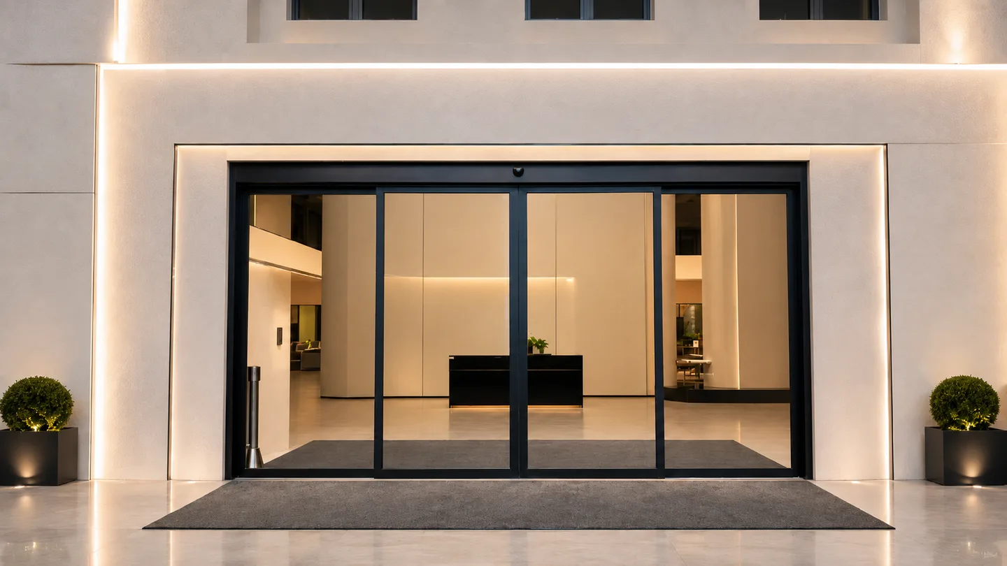 Bi-parting automatic sliding door at a commercial entrance