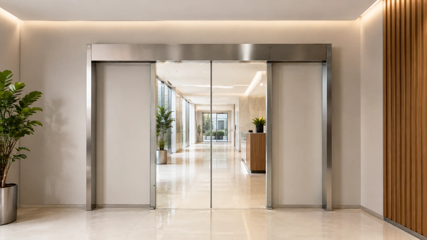 Surface-mounted automatic sliding glass entrance shown inside an existing commercial building