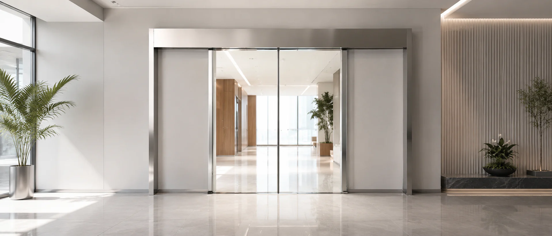 Surface-mounted automatic sliding glass entrance across a bright commercial interior